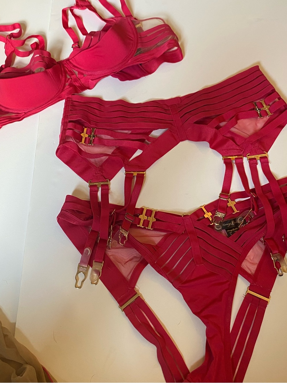 LINDA C Red 4-Piece Lingerie Set: Bra + Brief + Suspender/Garter Belt / 34D-L-L - Picture 3 of 14